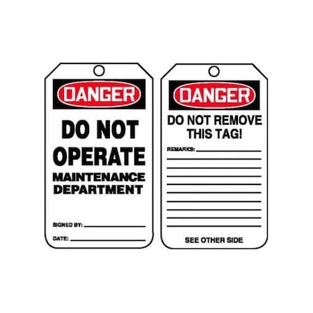 Accuform Safety Tags, DANGER DO NOT OPERATE MAINTENANCE DEPARTMENT, 5.75in x 3.25in, HS-Laminate, 5PK MDT206LTM